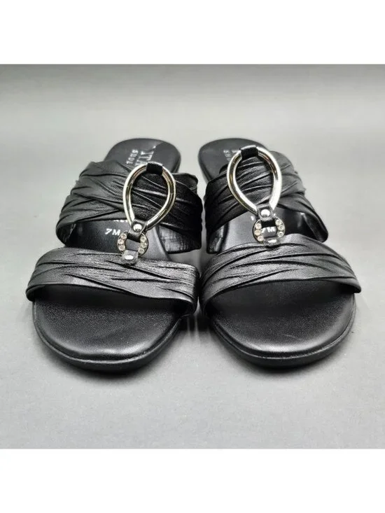 Italian Shoemakers Aleena Black Wedge Sandals Size 7 M Rhinestone Detail Slide - Picture 3 of 8